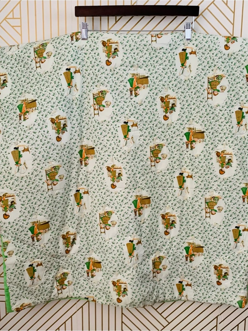 Vintage Holly Hobbie Crib Quilt floral green chores & tasks 70 x 34” flowers